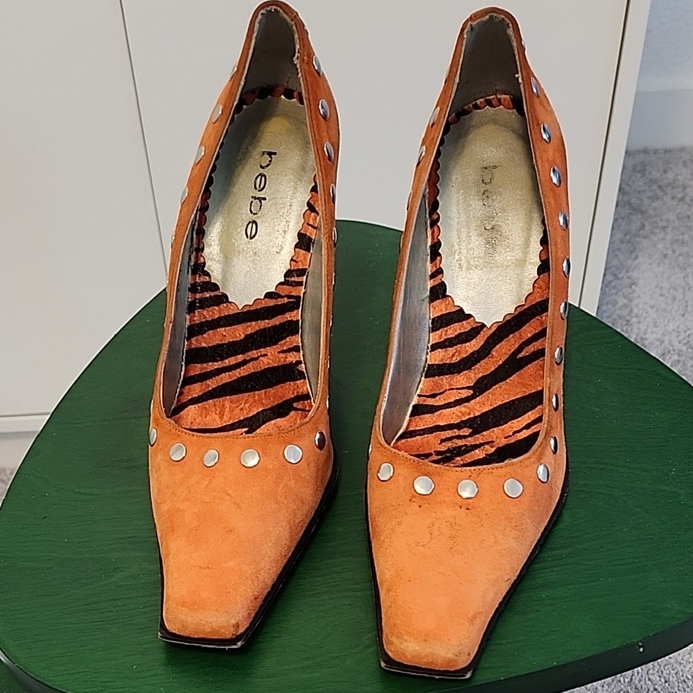 Bebe Orange and Black Animal Print Heels